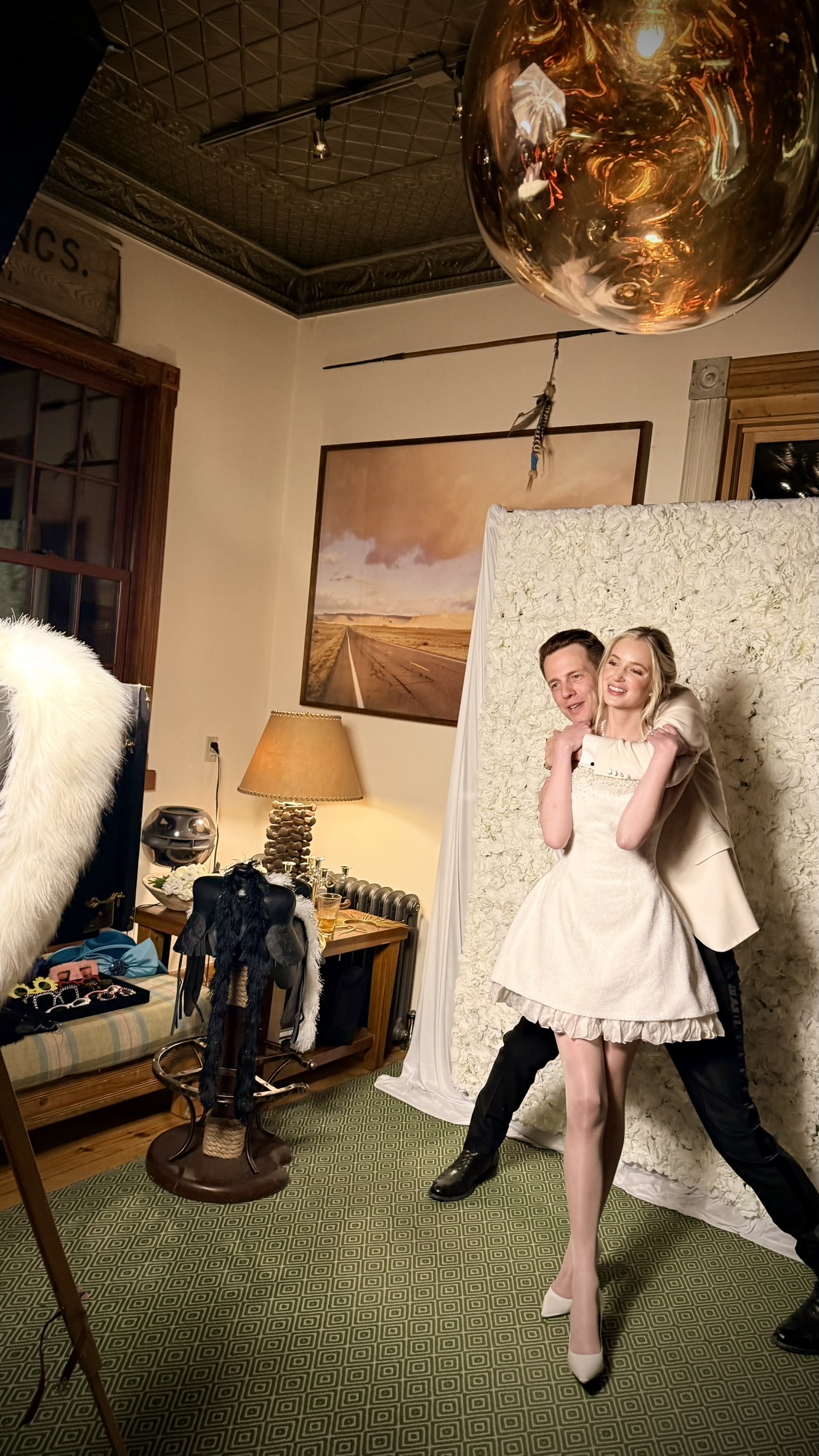 Photo Bougie Haute Bourgeoise Photo Booth at Dunton Hot Springs Wedding Floral wall Chandelier Colorado luxury event